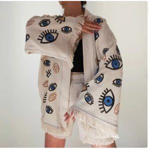 Hand Printed Eye Kimono Cardigan Jacket